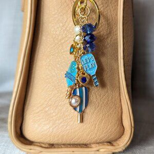 GOLD & BLUE PICKLE BALL CHARM FOR HANDBAG PURSE TOTE OR BACKPACK OR PURSE